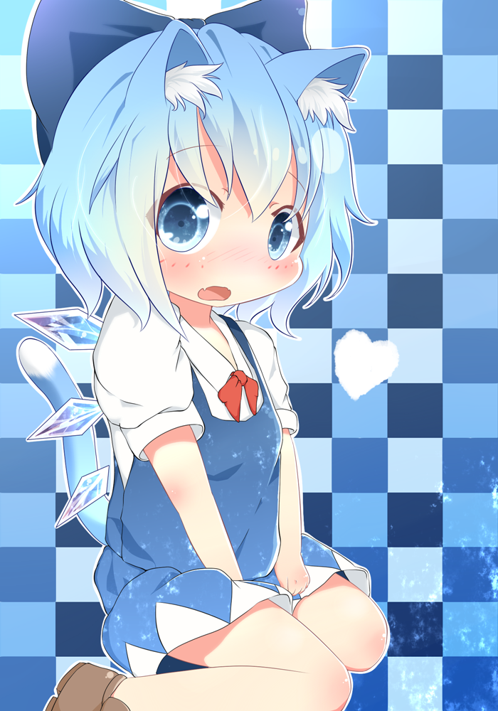 akisha animal_ears bad_id bad_pixiv_id blue_eyes blue_hair bow cat_ears cat_tail cirno fang hair_bow heart ice kemonomimi_mode looking_at_viewer open_mouth short_hair solo tail touhou wings