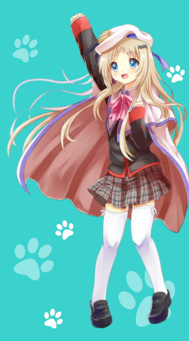 blonde_hair blue_eyes bow cape fang hat little_busters! long_hair makohime noumi_kudryavka pink_bow plaid plaid_skirt school_uniform skirt solo thighhighs