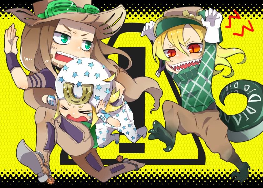 &gt;_&lt; beard blonde_hair boots brown_hair chasing chibi claws closed_eyes diego_brando dinosaur facial_hair fangs gloves green_eyes green_shirt gyro_zeppeli hat johnny_joestar jojo_no_kimyou_na_bouken long_hair male_focus multiple_boys nata red_eyes running scary_monsters_(stand) shirt slit_pupils stand_(jojo) steel_ball_run tail tears