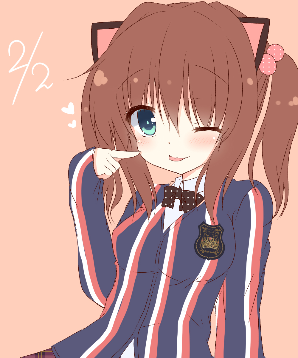 animal_ears aoki_kaede blush breasts brown_hair cat_ears dated green_eyes heart highres looking_at_viewer medium_breasts one_eye_closed original short_hair simple_background smile solo striped suzune_rena tongue tongue_out
