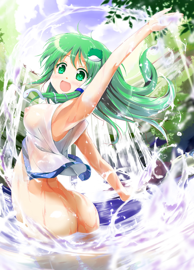 armpits ass blush bottomless breasts forest frog_hair_ornament green_eyes green_hair hair_ornament hair_tubes kochiya_sanae large_breasts leaf long_hair nature nipples open_mouth porurin revision see-through smile snake_hair_ornament solo standing touhou wading
