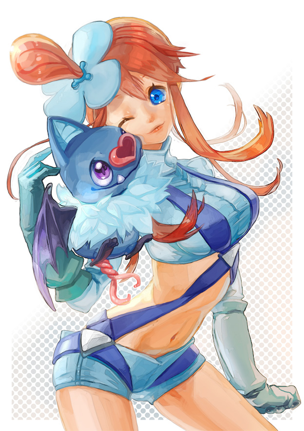 asymmetrical_hair bat_wings blue_eyes breasts crop_top elbow_gloves fang fuuro_(pokemon) gen_5_pokemon gloves gym_leader hair_ornament heart hug large_breasts long_hair navel nokuran one_eye_closed pokemon pokemon_(creature) pokemon_(game) pokemon_bw purple_eyes red_hair short_shorts shorts smile solo suspenders turtleneck wings woobat