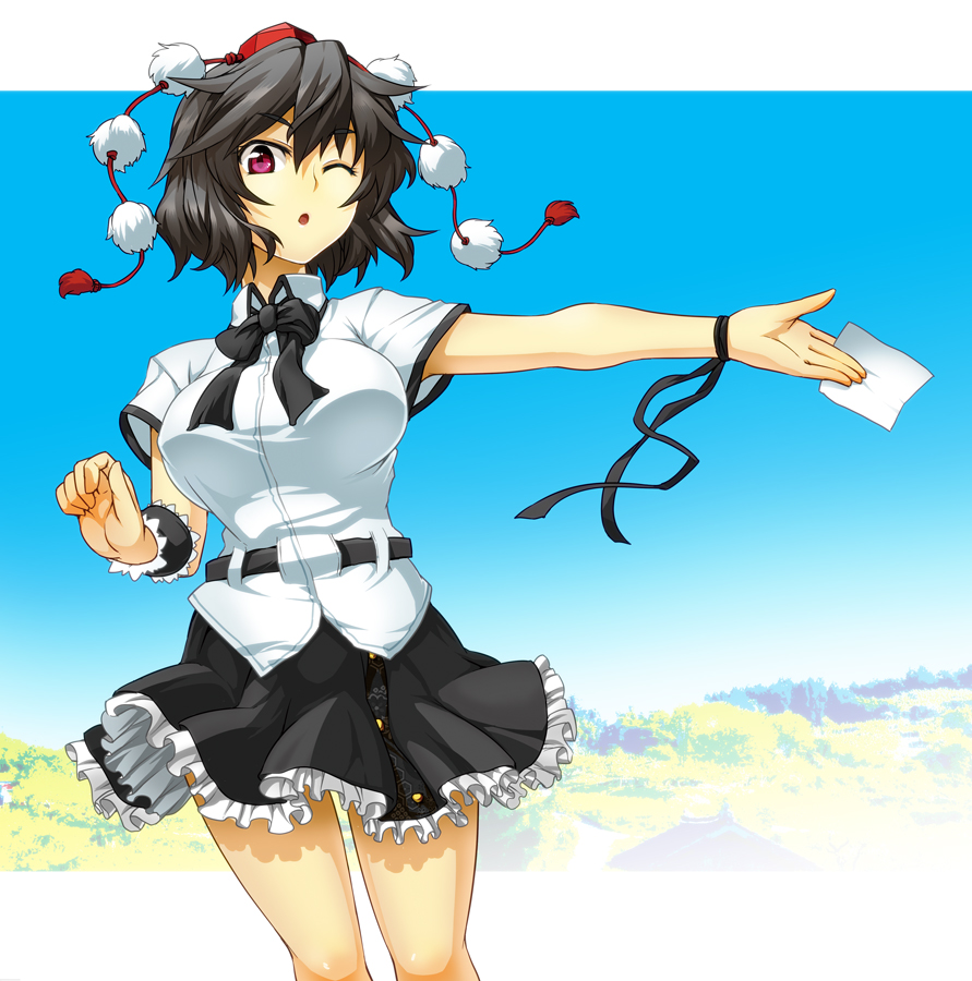 :o black_hair blouse bow breasts day frills hat large_breasts legs looking_at_viewer one_eye_closed pom_pom_(clothes) red_eyes ribbon scenery shameimaru_aya short_hair skirt sky solo tokin_hat touhou tsukinami_kousuke