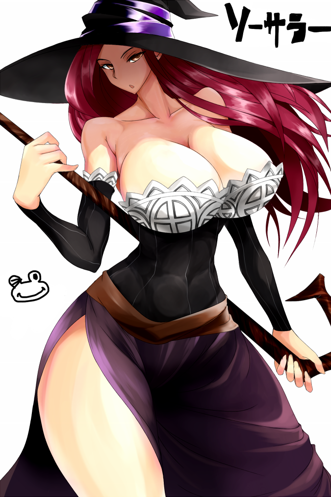 :o bare_shoulders breasts brown_eyes cleavage detached_sleeves dragon's_crown dress hat huge_breasts long_hair looking_at_viewer red_hair solo sorceress_(dragon's_crown) staff strapless strapless_dress thighs white_background witch_hat zasshu_nigou