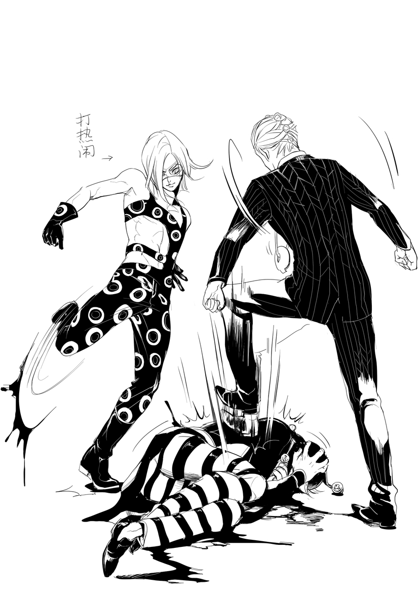 bluemoooon formal gloves greyscale hat jojo_no_kimyou_na_bouken kicking male_focus mask melone monochrome multiple_boys pants prosciutto risotto_nero stomping striped striped_pants suit