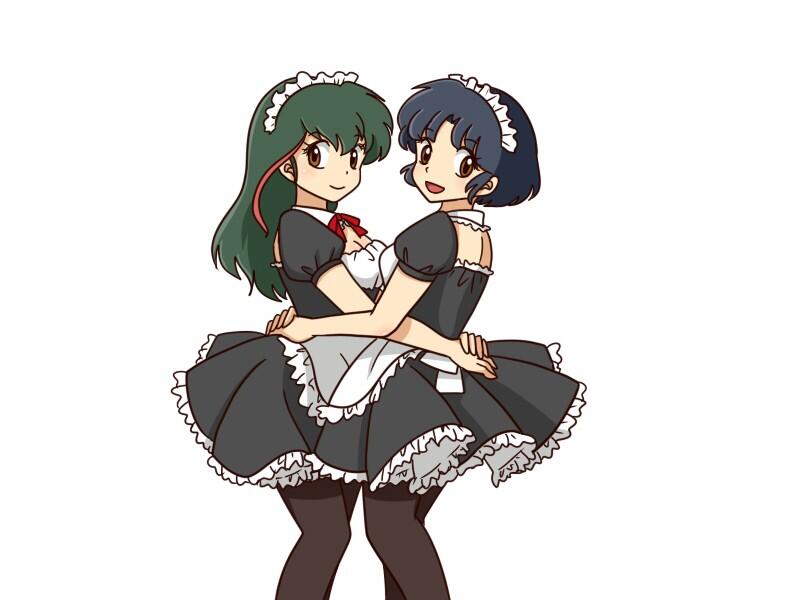 2girls arm arms artist_request blue_hair bow bowtie breast_press breasts brown_eyes cleavage dress female green_hair happy hug long_hair lum10 maid multiple_girls open_mouth pantyhose ranma_1/2 short_hair smile symmetrical_docking tendou_akane unryuu_akari unyru_akari yuri