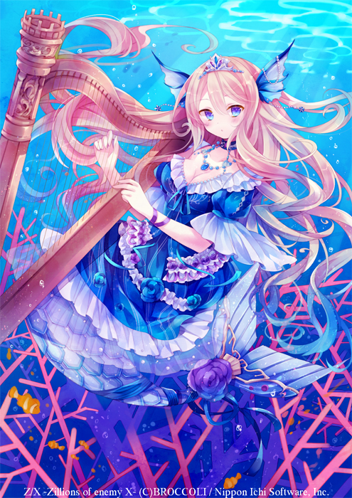 blue_eyes blush breasts cleavage copyright_name coral da dress fins fish frilled_dress frills harp ibara_riato instrument jewelry light_rays long_hair looking_at_viewer medium_breasts mermaid monster_girl necklace official_art outdoors pink_hair sariel_(z/x) solo submerged sunlight tiara tsurime underwater water watermark z/x
