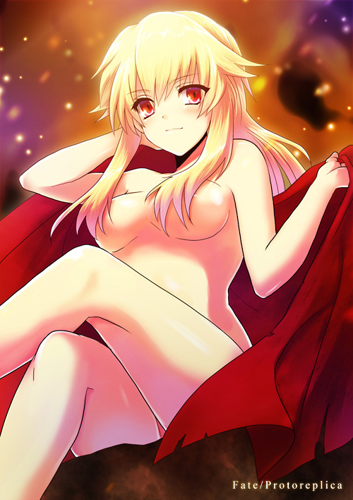 bad_id bad_pixiv_id blonde_hair breasts fate/protoreplica fate/stay_night fate_(series) gilgamesh hair_censor hair_over_breasts long_hair nude red_eyes redby623 sidelocks solo