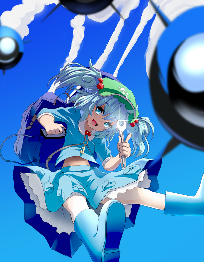 backpack bag blue_eyes blue_hair boots hair_bobbles hair_ornament hat hopeless_masquerade ishikkoro kawashiro_nitori key looking_at_viewer midriff open_mouth rocket rubber_boots shirt skirt sleeves_rolled_up smile solo touhou two_side_up wrench