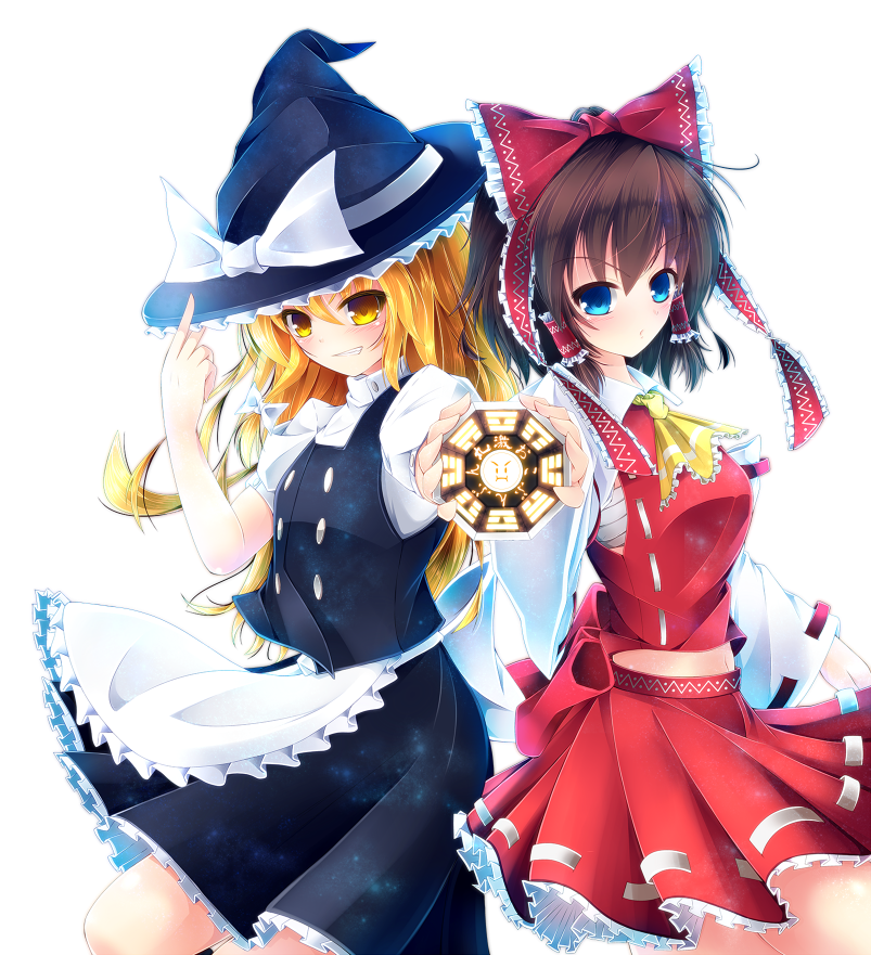 blonde_hair blue_eyes brown_hair detached_sleeves ginzake_(mizuumi) hair_ribbon hair_tubes hakurei_reimu hat hat_ribbon kirisame_marisa mini-hakkero multiple_girls navel ribbon touhou witch_hat