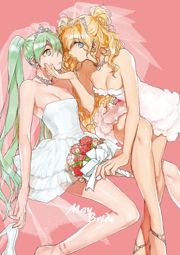 blonde_hair blue_eyes bouquet breasts bridal_veil cleavage curly_hair dress flower green_eyes green_hair hand_on_another's_chin hatsune_miku high_heels jewelry long_hair medium_breasts multiple_girls necklace pin_(leehn0507) pink_background rose seeu shoes tiara twintails veil very_long_hair vocaloid wedding_dress white_dress wife_and_wife yuri