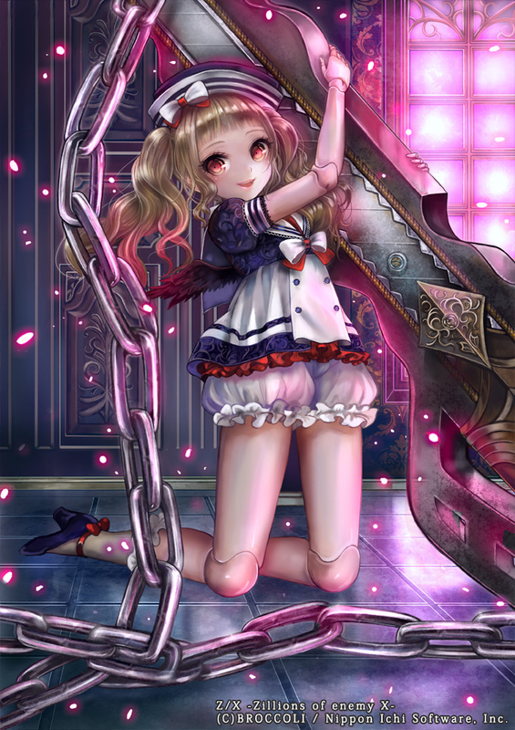 :d black_wings blonde_hair bloomers bow boxcutter chain charm_(z/x) copyright_name doll doll_joints full_body hat hat_bow holding huge_weapon kneeling looking_at_viewer official_art open_mouth parted_lips pisuke puffy_short_sleeves puffy_sleeves red_eyes short_sleeves smile solo tareme twintails underwear watermark wavy_hair weapon white_bow wings z/x