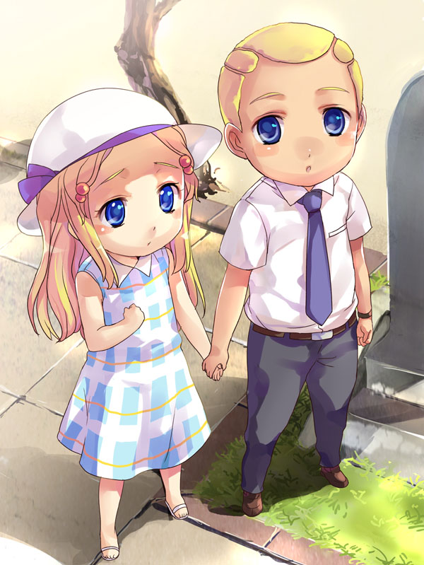 1girl blonde_hair blue_eyes brother_and_sister child dress enrico_pucci ffc hat holding_hands jojo_no_kimyou_na_bouken long_hair necktie pearla_pucci siblings tombstone younger