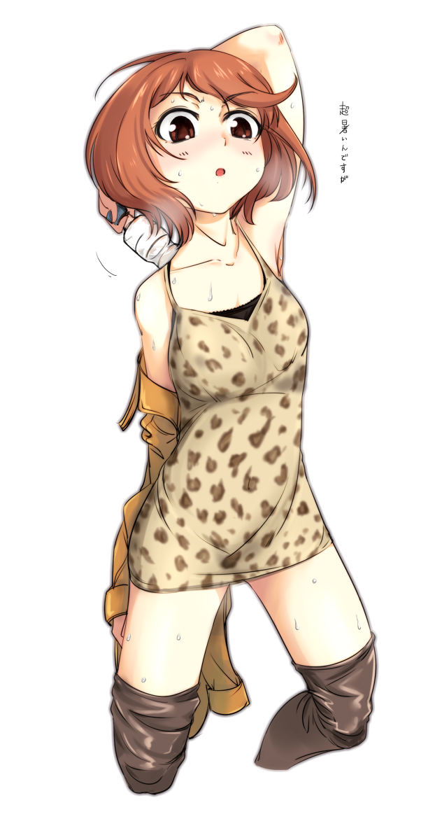 :o animal_print annoyed arm_up armpits arms_behind_head bare_shoulders blush boots bottle breasts brown_eyes brown_hair cleavage dress full_body haruhisky head_tilt highres jacket kinuhata_saiai leather leather_boots leopard_print medium_breasts short_dress short_hair solo steam stretch sweat thigh_boots thighhighs to_aru_majutsu_no_index translated undressing water_bottle