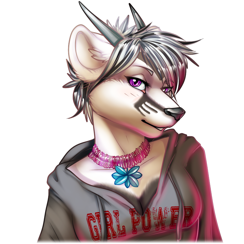 black_nose breasts bust cleavage clothed clothing dragon english_text female fivel fur grey_hair hair hoodie horn looking_at_viewer necklace plain_background purple_eyes shirt short_hair skunk solo text transparent_background unknown_species white_fur