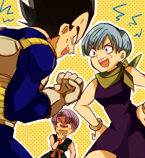 2boys armor black_eyes black_hair blue_hair bracelet bulma clenched_hand dragon_ball dragon_ball_z dress father_and_son gloves hands_on_hips husband_and_wife jewelry mother_and_son multiple_boys neko_ni_chikyuu open_mouth purple_hair scarf short_hair sleeveless spiked_hair sweat trunks_(dragon_ball) vegeta white_gloves wristband