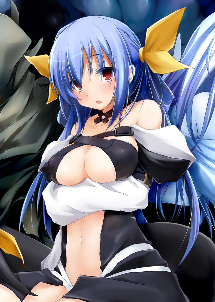 bare_shoulders blue_hair blush bow breasts choker dd_mayohara detached_sleeves dizzy guilty_gear hair_bow large_breasts navel red_eyes solo tail