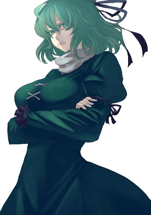 breasts crossed_arms dress green_dress green_eyes green_hair large_breasts long_sleeves short_hair simple_background soga_no_tojiko solo terrajin touhou white_background