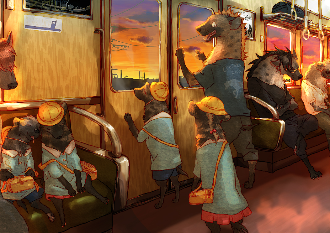 furry glasses hyena kindergarten_uniform marosan no_humans original sleeping sunset train_interior