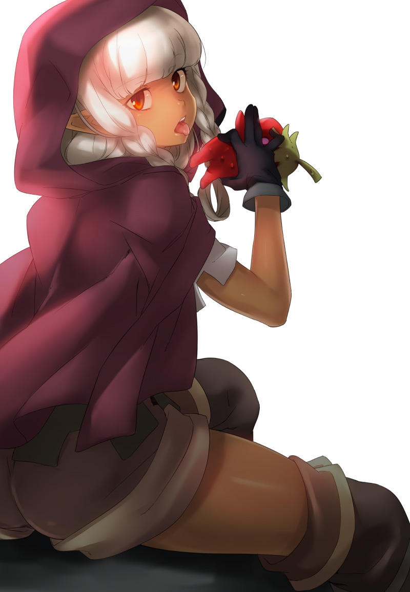 alternate_color ass boots braid cloak dark_skin dragon's_crown elf elf_(dragon's_crown) food fruit long_hair looking_at_viewer looking_back naso4 orange_eyes pointy_ears shorts silver_hair sitting solo thigh_boots thighhighs tongue tongue_out twin_braids