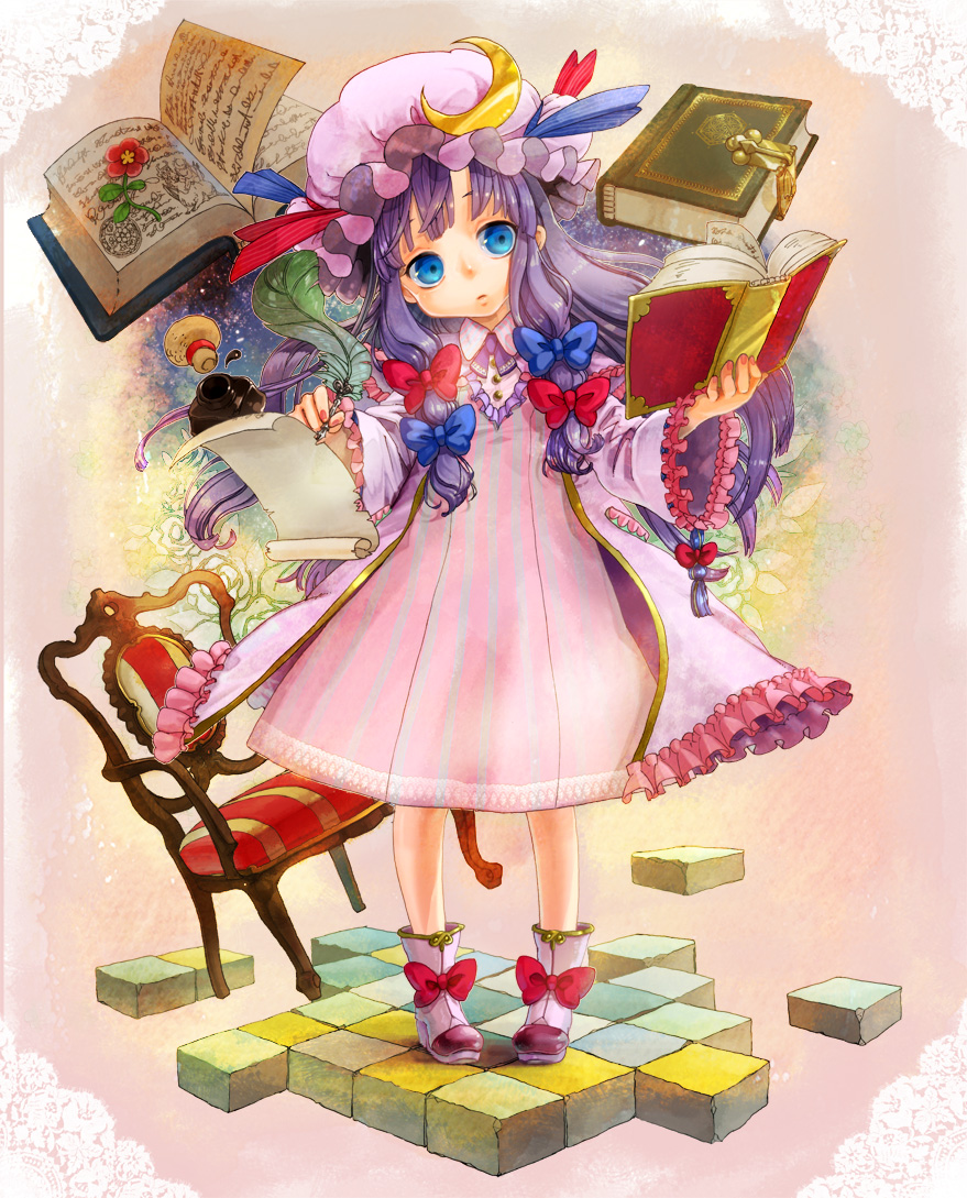blue_eyes book boots bottle bow chair child coat crescent dress flower hair_bow hat ink_bottle long_hair nokuran open_book overcoat parchment patchouli_knowledge pigeon-toed purple_hair quill solo striped touhou vertical_stripes writing