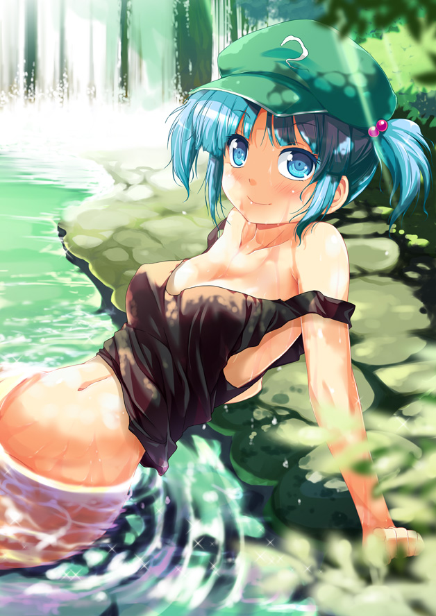 arm_support blue_eyes blue_hair blush bottomless bush hair_bobbles hair_ornament hat kawashiro_nitori looking_at_viewer midriff navel off_shoulder out-of-frame_censoring partially_submerged porurin short_hair smile solo strap_slip tank_top touhou twintails water waterfall
