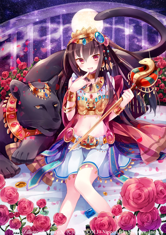 bangle black_hair bracelet cleopatra_(z/x) copyright_name flower ibara_riato jewelry long_hair midriff moon navel official_art panther red_eyes rose skirt solo staff tail watermark z/x