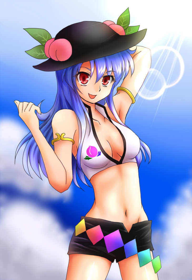 alternate_costume armlet armpits blue_hair blue_sky breasts cleavage cloud collarbone crop_top day food fruit groin hand_behind_head hat hinanawi_tenshi leaf lens_flare long_hair looking_at_viewer medium_breasts midriff mitsucho navel open_clothes open_mouth open_shorts peach red_eyes shorts sky solo touhou