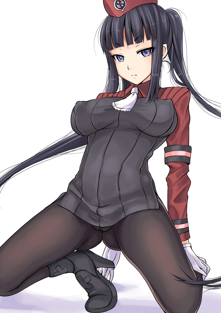 ass ass_visible_through_thighs black_hair blue_eyes breasts covered_nipples gloves high_heels kneeling large_breasts looking_at_viewer marubonman no_bra pantyhose shoes solo summon_night summon_night_5 yeng-hua