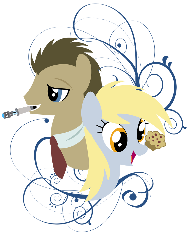 alpha_channel blonde_hair blue_eyes brown_hair derpy_hooves_(mlp) doctor_whooves_(mlp) duo equine female food friendship_is_magic hair horse male mammal muffin my_little_pony necktie pixelkitties plain_background pony sonic_screwdriver transparent_background yellow_eyes