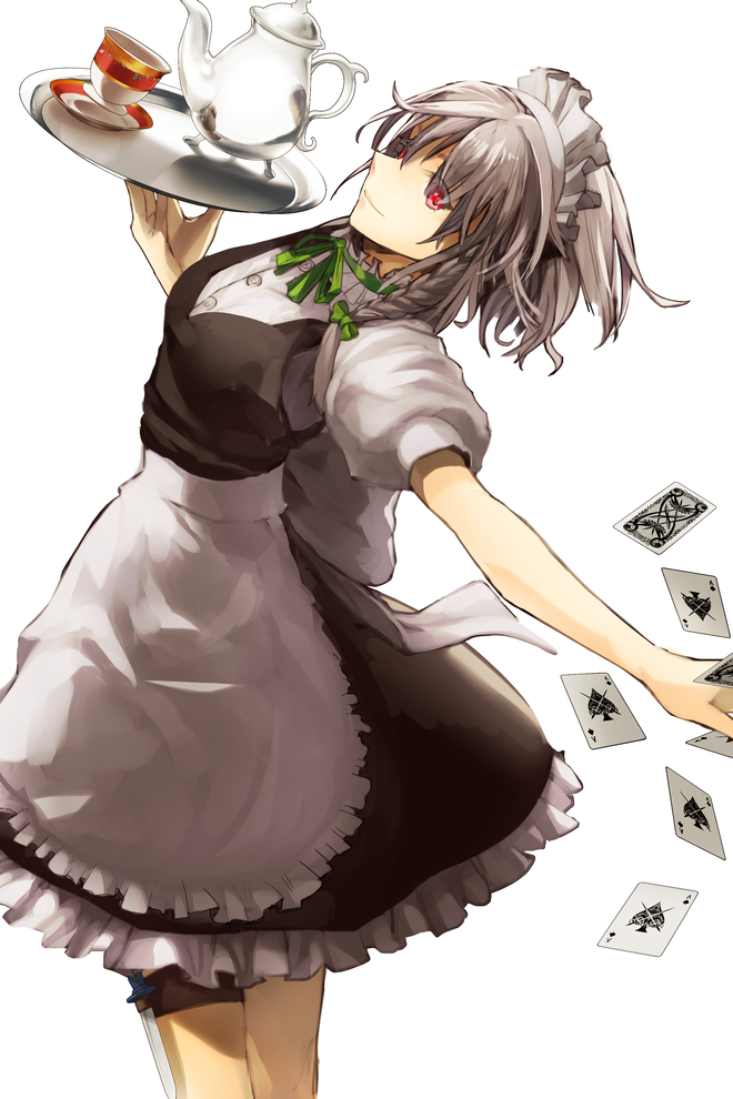 apron arched_back black_dress braid card chirigami-san cup dress izayoi_sakuya maid maid_headdress puffy_sleeves red_eyes shirt short_sleeves silver_hair simple_background solo teacup teapot touhou tray twin_braids waist_apron white_background