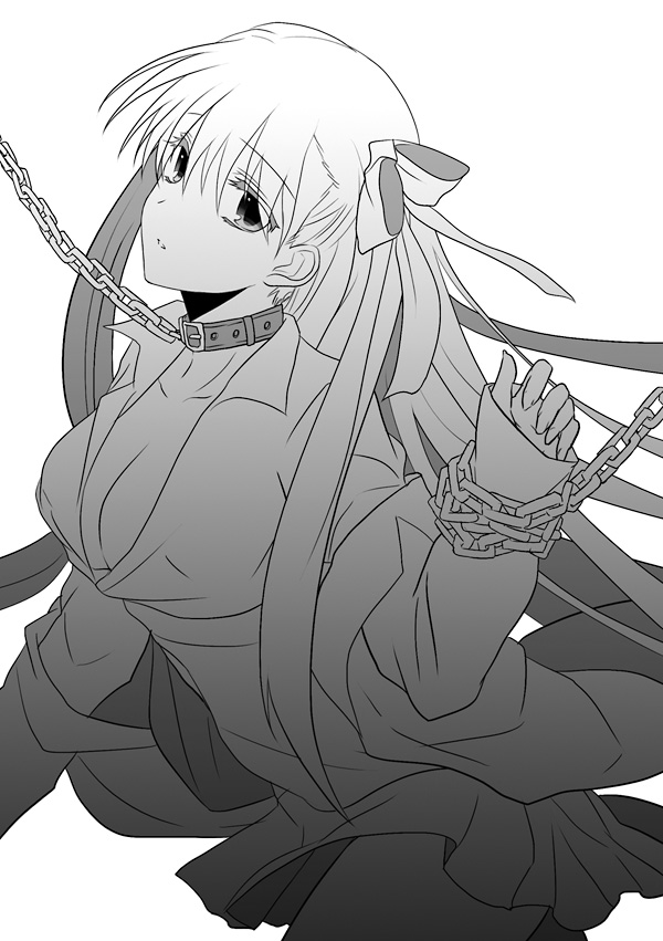 bad_id bad_pixiv_id bdsm bondage bound breasts chain cleavage collar fate/stay_night fate_(series) greyscale hair_ribbon large_breasts leash long_hair matou_sakura monochrome ribbon slave solo ty_1865