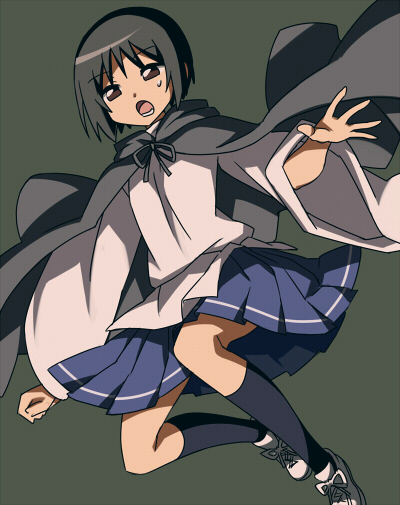 aosa_(michikusakan) black_eyes black_hair cloak keikain_yura nurarihyon_no_mago onmyouji open_mouth ribbon short_hair skirt socks solo sweatdrop