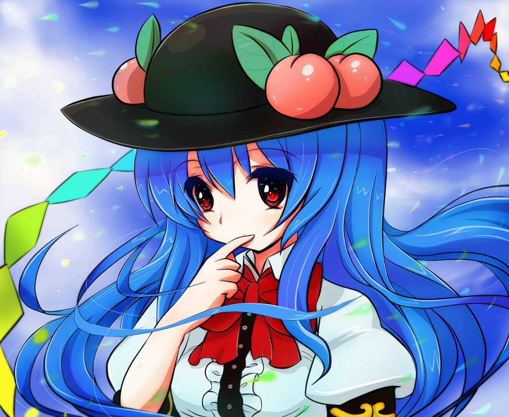 blouse blue_hair blue_sky bow cloud day finger_to_mouth food fruit gyamo hat hinanawi_tenshi leaf light_particles long_hair looking_at_viewer peach red_eyes sky solo touhou upper_body