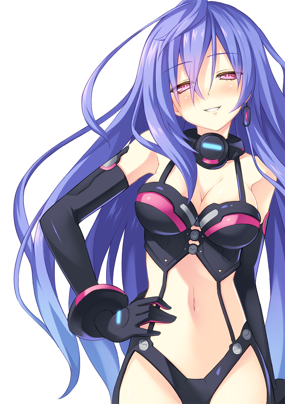 bad_id bad_pixiv_id bare_shoulders black_gloves blue_hair blush breasts cleavage collar dominatrix earrings elbow_gloves gloves gradient_hair hair_between_eyes hand_on_hip highres iris_heart jewelry kami_jigen_game_neptune_v kinta_(distortion) large_breasts long_hair looking_at_viewer midriff multicolored_hair naughty_face navel neptune_(series) parted_lips power_symbol purple_hair red_eyes solo symbol-shaped_pupils very_long_hair