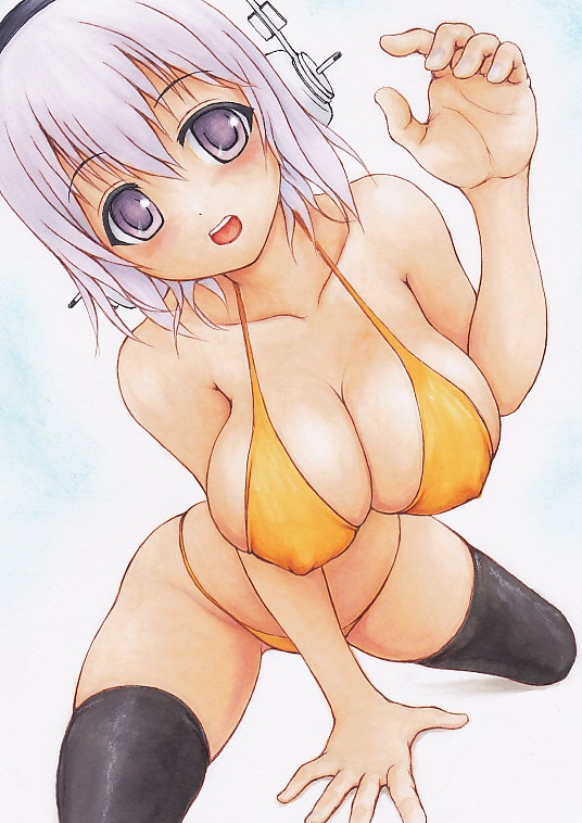 arm_support bad_id bad_pixiv_id bikini black_eyes blush breasts cleavage covered_nipples headphones huge_breasts lavender_hair nitroplus open_mouth purple_eyes short_hair skindentation solo super_sonico swimsuit thighhighs traditional_media yoshipo