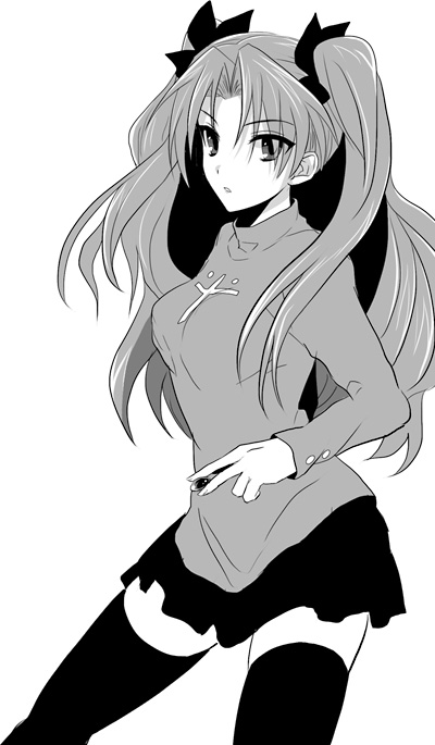 bad_id bad_pixiv_id fate/stay_night fate_(series) greyscale hair_ribbon long_hair monochrome ribbon skirt solo thighhighs toosaka_rin turtleneck two_side_up ty_1865
