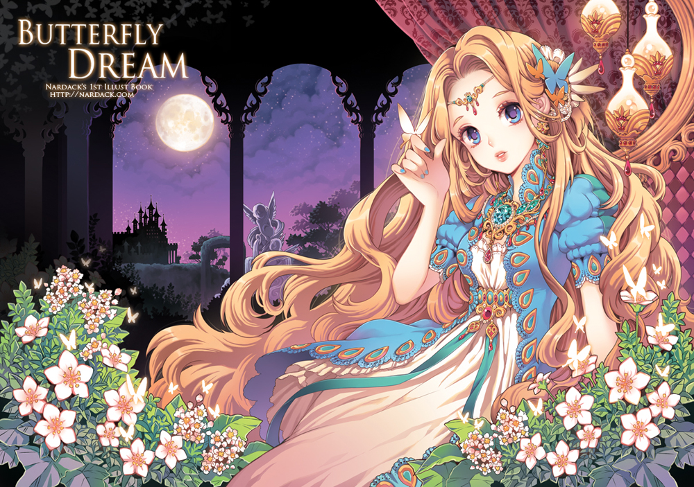 blonde_hair blue_eyes bug butterfly dress flower full_moon insect jewelry long_hair moon nardack necklace original solo statue