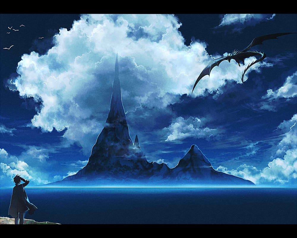 blue_sky cloak cloud day dragon fantasy flying island letterboxed male_focus mountain original ryou_(kimagure) scenery sky solo standing water