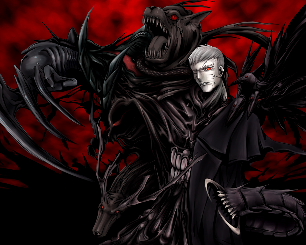 animal bird claws coat crow demon grey_hair male_focus melty_blood monster nrvnqsr_chaos painfultree red_background red_eyes red_sky sky solo teeth tsukihime vampire