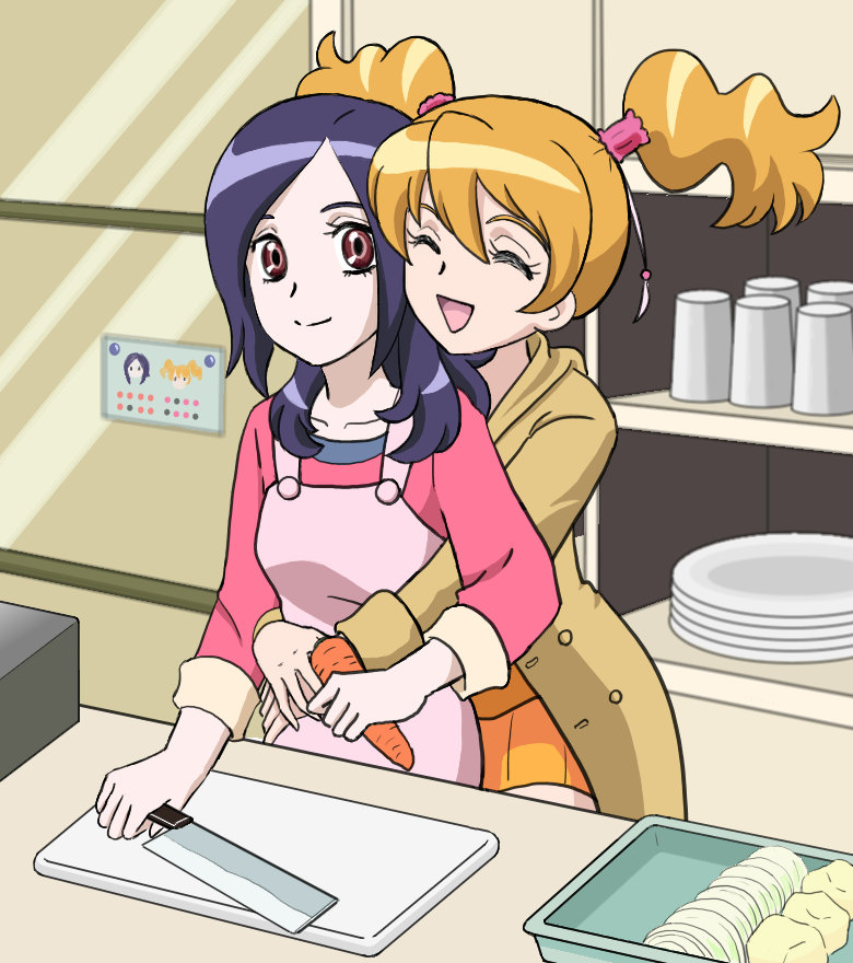 :d apron blonde_hair carrot closed_eyes cooking couple cup cupboard dish fresh_precure! happy higashi_setsuna hug hug_from_behind kitchen kitchen_knife knife momozono_love multiple_girls open_mouth precure purple_hair sleeves_rolled_up smile syo-syo twintails yuri