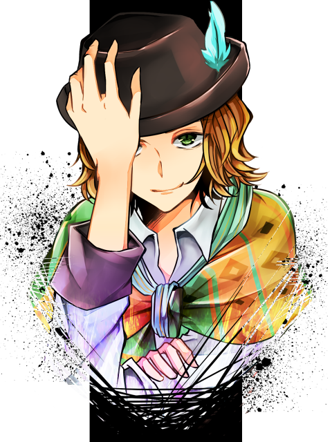 bad_id bad_pixiv_id black_hat brown_eyes brown_hair dress_shirt feathers flower gremlin_(kamen_rider_wizard) hat hat_flower kamen_rider kamen_rider_wizard_(series) long_sleeves looking_at_viewer male_focus peco_yuyu scarf shirt sleeves_folded_up smile solo upper_body vest