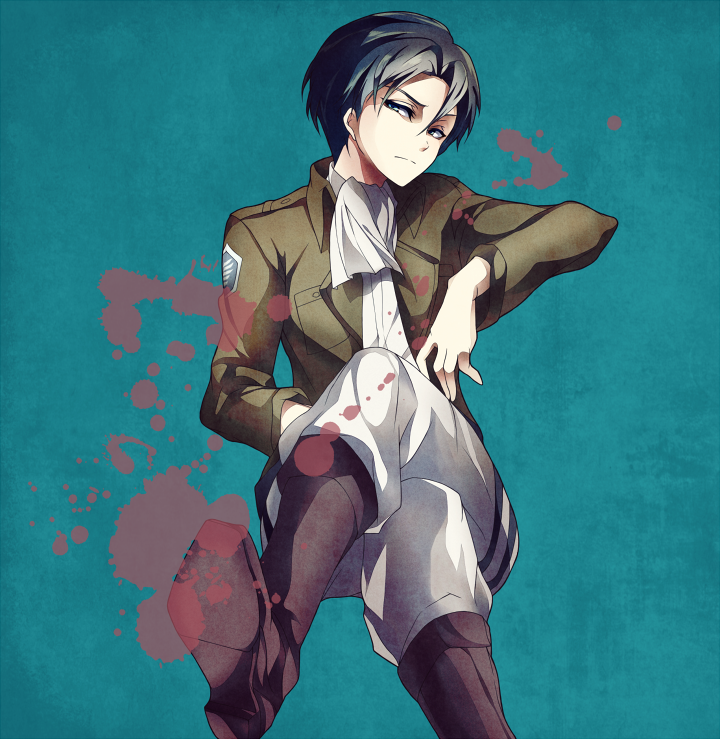 bad_id bad_pixiv_id black_eyes black_hair blood blue_background boots brown_footwear closed_mouth crossed_legs emblem expressionless head_tilt jacket knee_boots levi_(shingeki_no_kyojin) looking_at_viewer male_focus myua paradis_military_uniform shingeki_no_kyojin simple_background solo