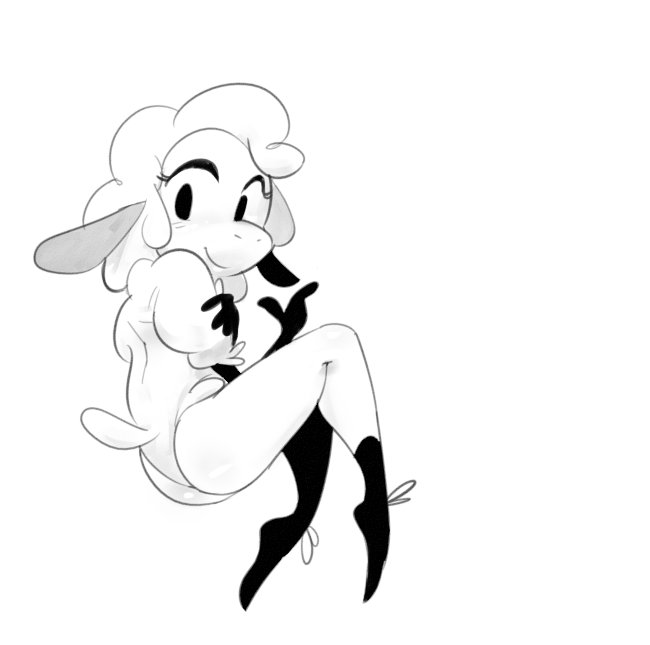 black_eyes butt caprine droopy female leggy_lamb looking_back mammal plain_background sheep smile solo unknown_artist