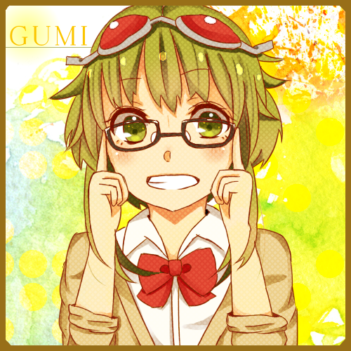 adjusting_eyewear bad_id bad_pixiv_id bespectacled border bow bowtie character_name glasses goggles goggles_on_head green_eyes green_hair grin gumi lowres moro_rabbit short_hair short_hair_with_long_locks sidelocks smile solo teeth upper_body vocaloid windowboxed