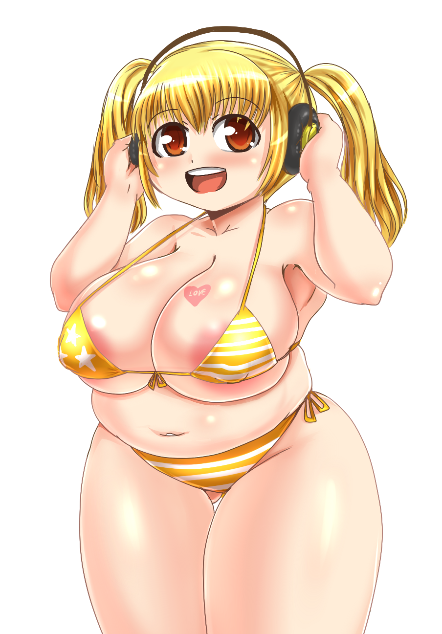 1girl bikini blonde_hair breasts brown_eyes cleavage fat headphones heart highres huge_breasts long_hair nitroplus obese poorly_drawn smile solo super_pocchaco super_pochaco swimsuit tattoo twintails