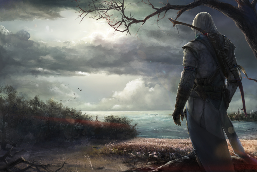 assassin's_creed_(series) assassin's_creed_iii bow_(weapon) connor_kenway gloves hood landscape male_focus sky solo weapon