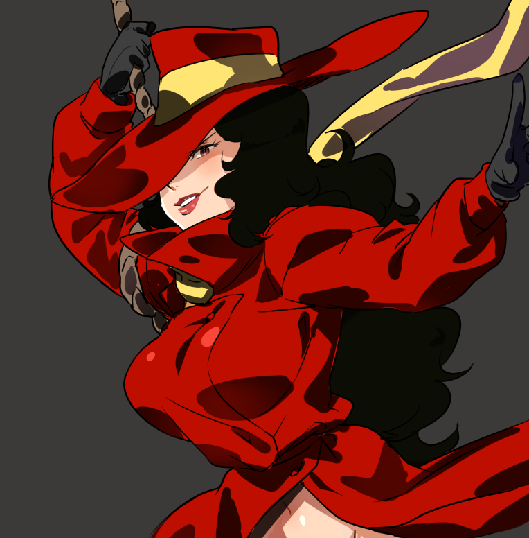black_gloves black_hair breasts carmen_sandiego carmen_sandiego_(series) curly_hair fedora gloves hat hat_over_one_eye large_breasts lips lipstick long_coat long_hair makeup naked_coat naso4 navel no_panties out-of-frame_censoring rope scarf