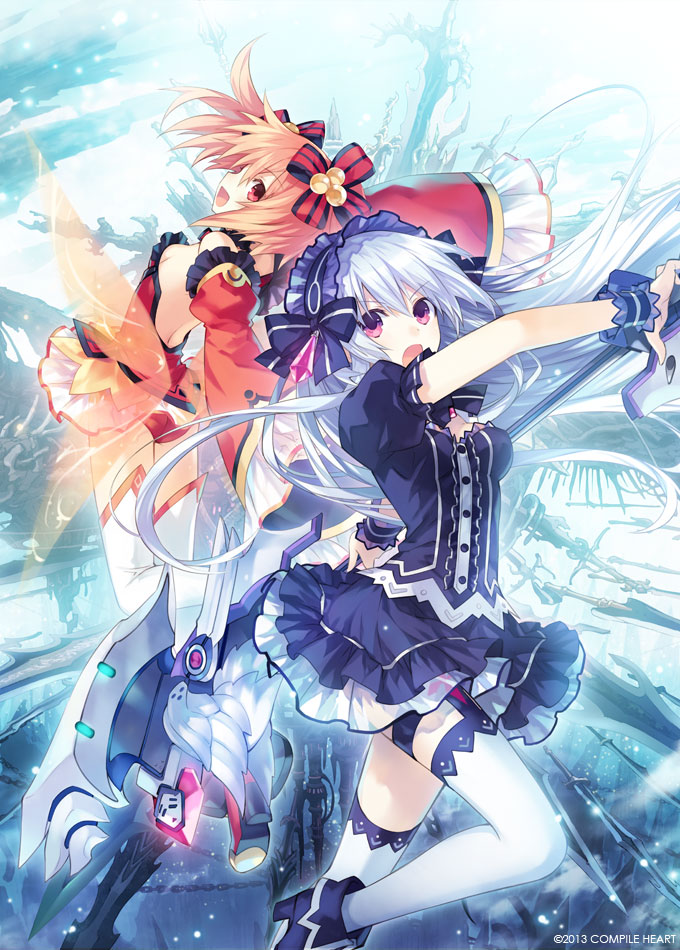 alyn_(fairy_fencer_f) bare_shoulders black_dress bow bowtie breasts choker detached_sleeves dress fairy_fencer_f frilled_skirt frills gothic_lolita hair_bow hairband jewelry lolita_fashion lolita_hairband long_hair long_sleeves medium_breasts miniskirt multiple_girls official_art open_mouth panties puffy_short_sleeves puffy_sleeves purple_eyes red_eyes red_hair red_panties red_skirt ribbon short_sleeves skirt thigh_strap thighhighs tiara_(fairy_fencer_f) tsunako twintails underwear weapon white_hair white_legwear