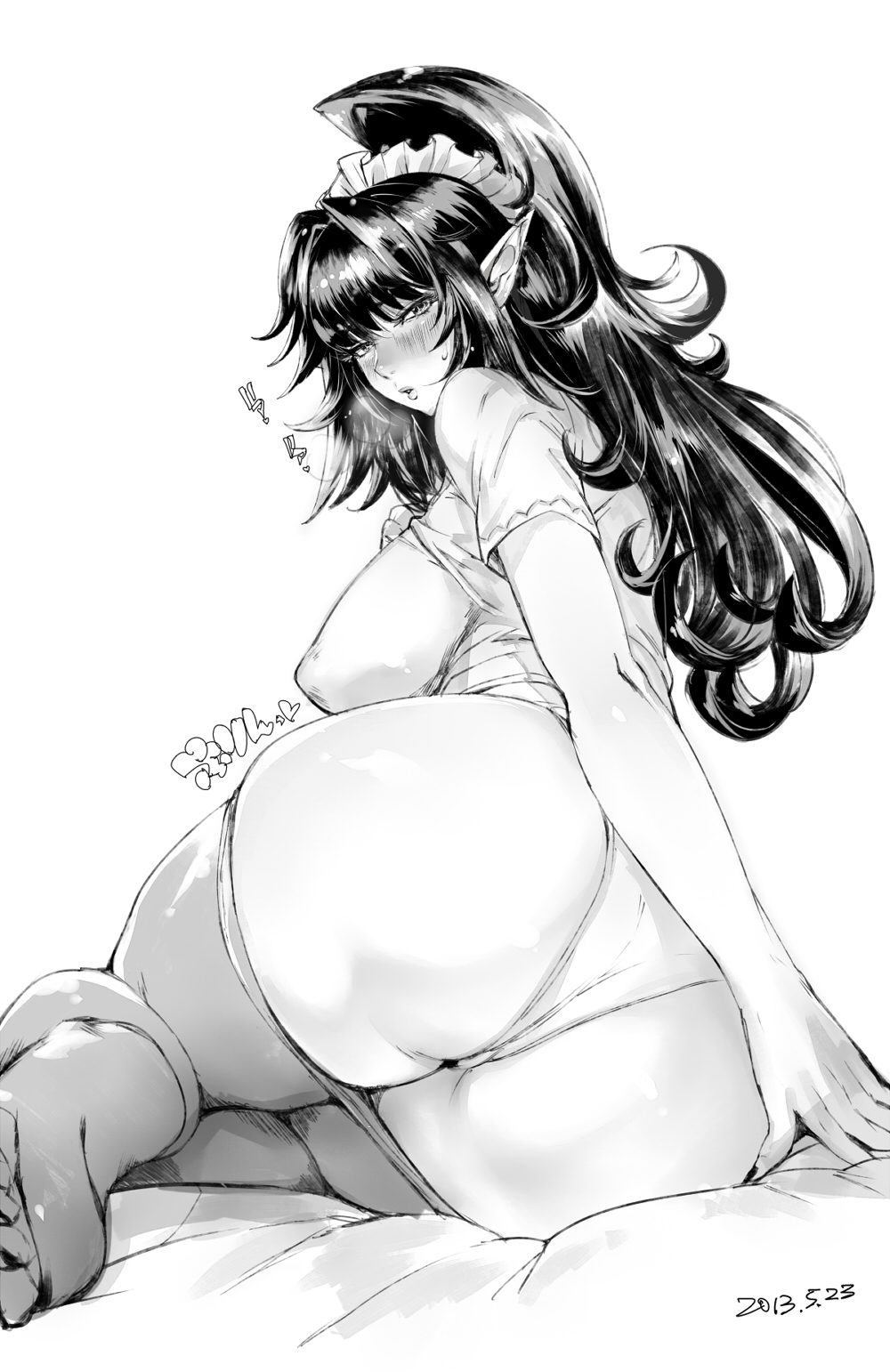 ass bed blush breasts breath come_hither dated elf greyscale highres huge_ass huge_breasts long_hair looking_at_viewer looking_back lying monochrome nipples on_side original orushibu pantyhose parted_lips pointy_ears ponytail puffy_nipples simple_background solo translation_request white_background wide_hips